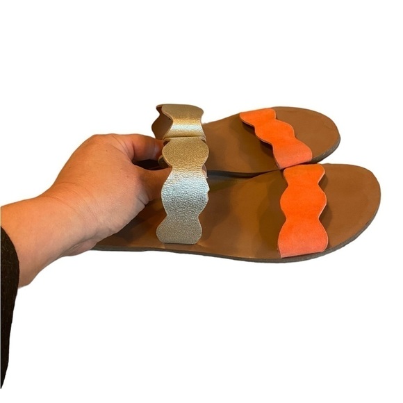 J.Crew Scalloped gold Metallic and orange Leather Sandals slides - Picture 5 of 10
